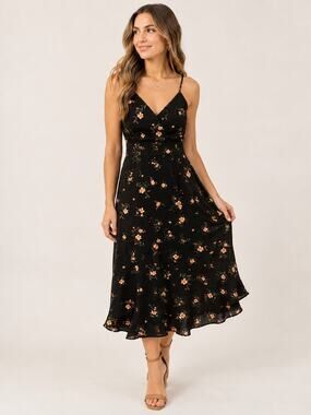 No Boundaries Black Floral Midi Dress Size S NWT Spaghetti Strap Tie Back